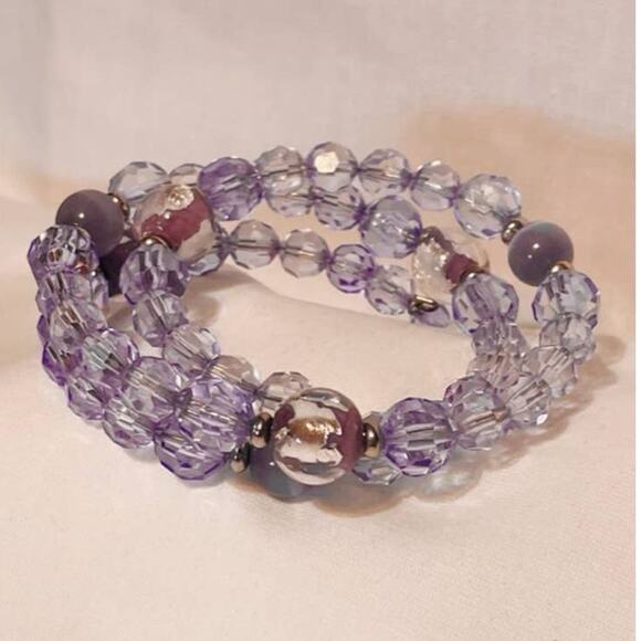 Multi-wrap Memory Wire Light Purple & Purple/Silver Glass Bead Bracelet - Picture 1 of 3